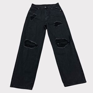 Zara Wide Leg Black Holes Hi Waisted Casual Punk Relaxed Oversized Denim Jeans